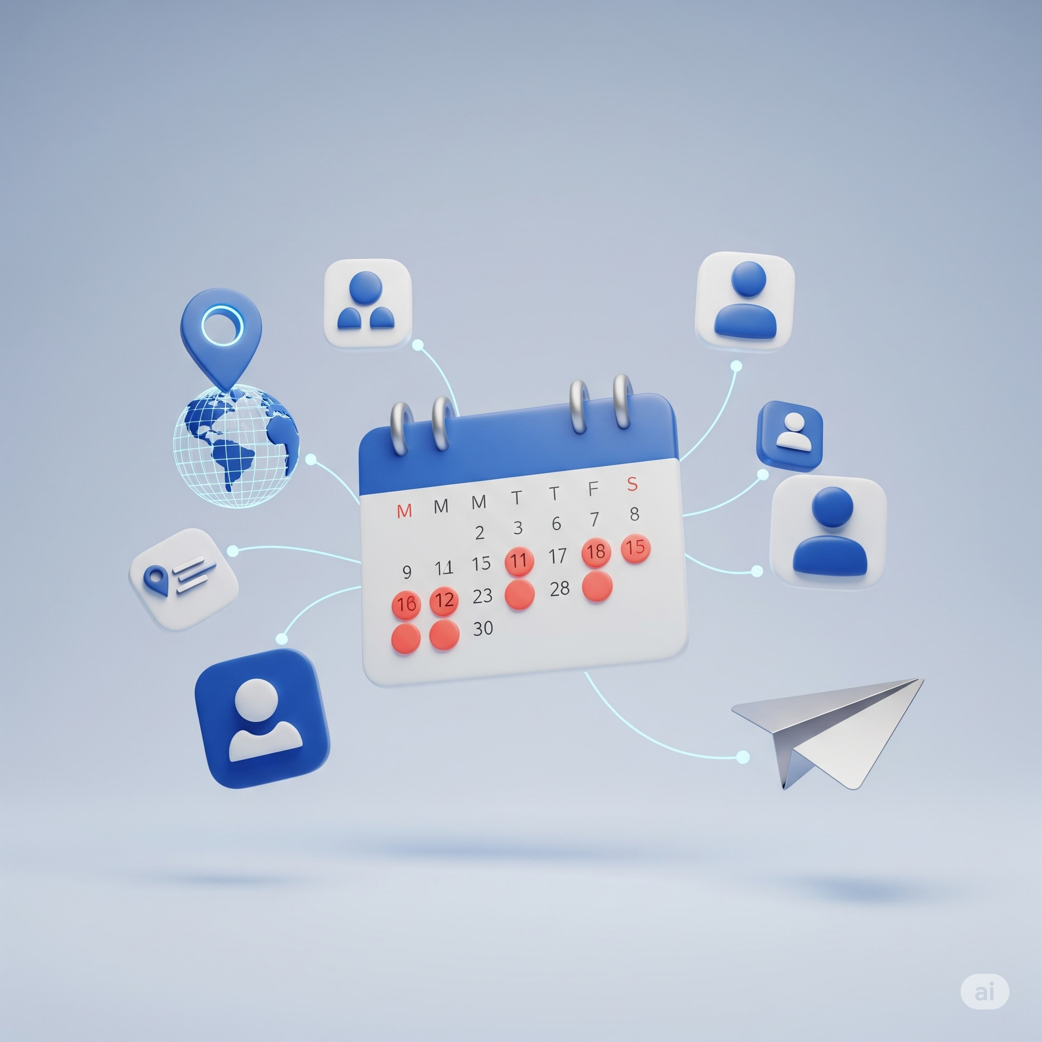A dynamic illustration showing elements of event planning like a calendar, map pins, and user avatars.